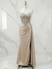 Glamorous Champagne Beaded Corset Satin Long Prom Dress with Slit