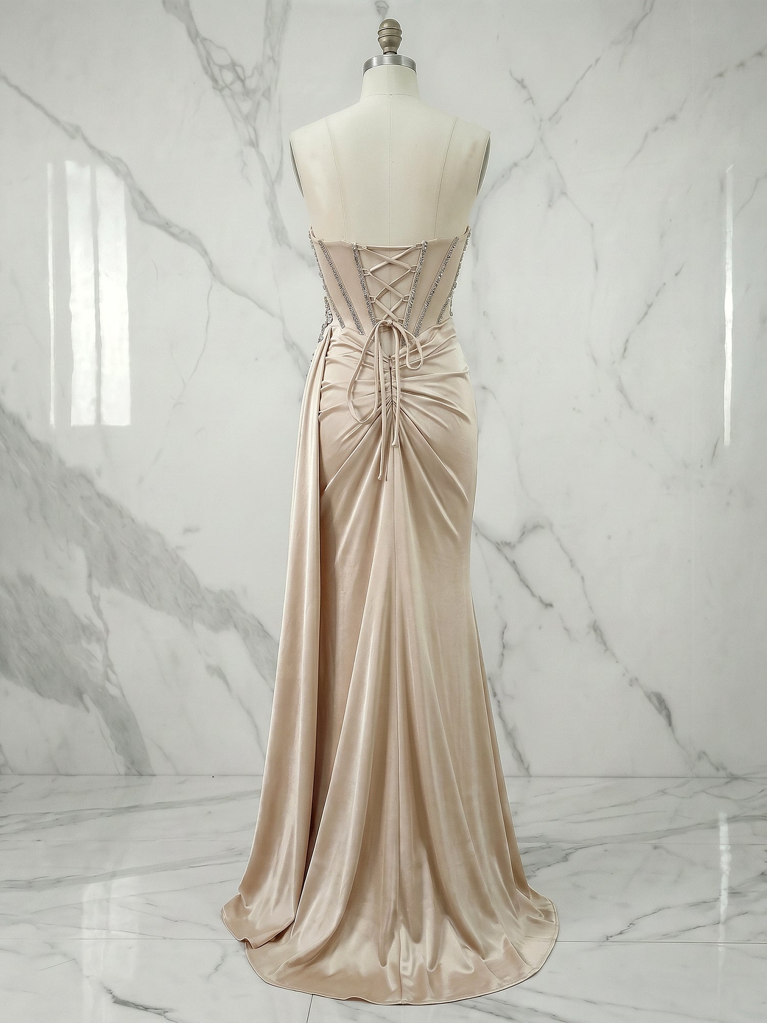 Glamorous Champagne Beaded Corset Satin Long Prom Dress with Slit