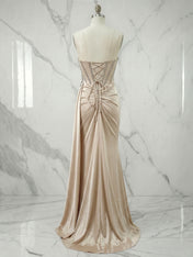 Glamorous Champagne Beaded Corset Satin Long Prom Dress with Slit