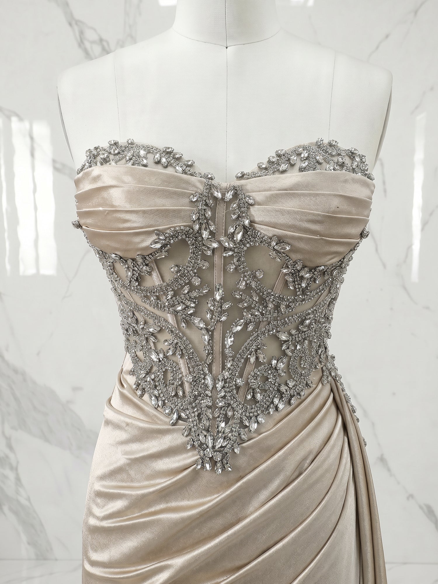 Glamorous Champagne Beaded Corset Satin Long Prom Dress with Slit