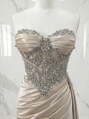 Glamorous Champagne Beaded Corset Satin Long Prom Dress with Slit