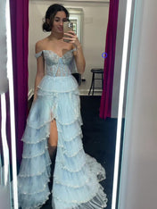 Glamorous Champagne Beaded Tiered Ruffle Corset Prom Dress with Slit