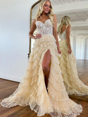 Glamorous Champagne Beaded Tiered Ruffle Corset Prom Dress with Slit