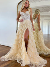 Glamorous Champagne Beaded Tiered Ruffle Corset Prom Dress with Slit