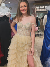 Glamorous Champagne Beaded Tiered Ruffle Corset Prom Dress with Slit