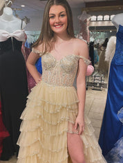 Glamorous Champagne Beaded Tiered Ruffle Corset Prom Dress with Slit