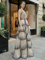 Glamorous Champagne Leopard Sequin Tiered Long Prom Dress