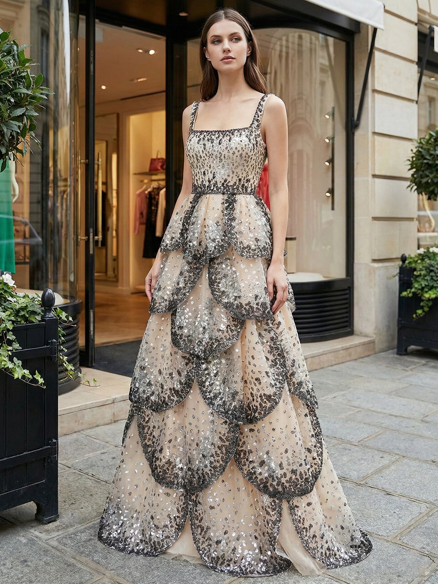 Glamorous Champagne Leopard Sequin Tiered Long Prom Dress