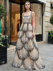 Glamorous Champagne Leopard Sequin Tiered Long Prom Dress