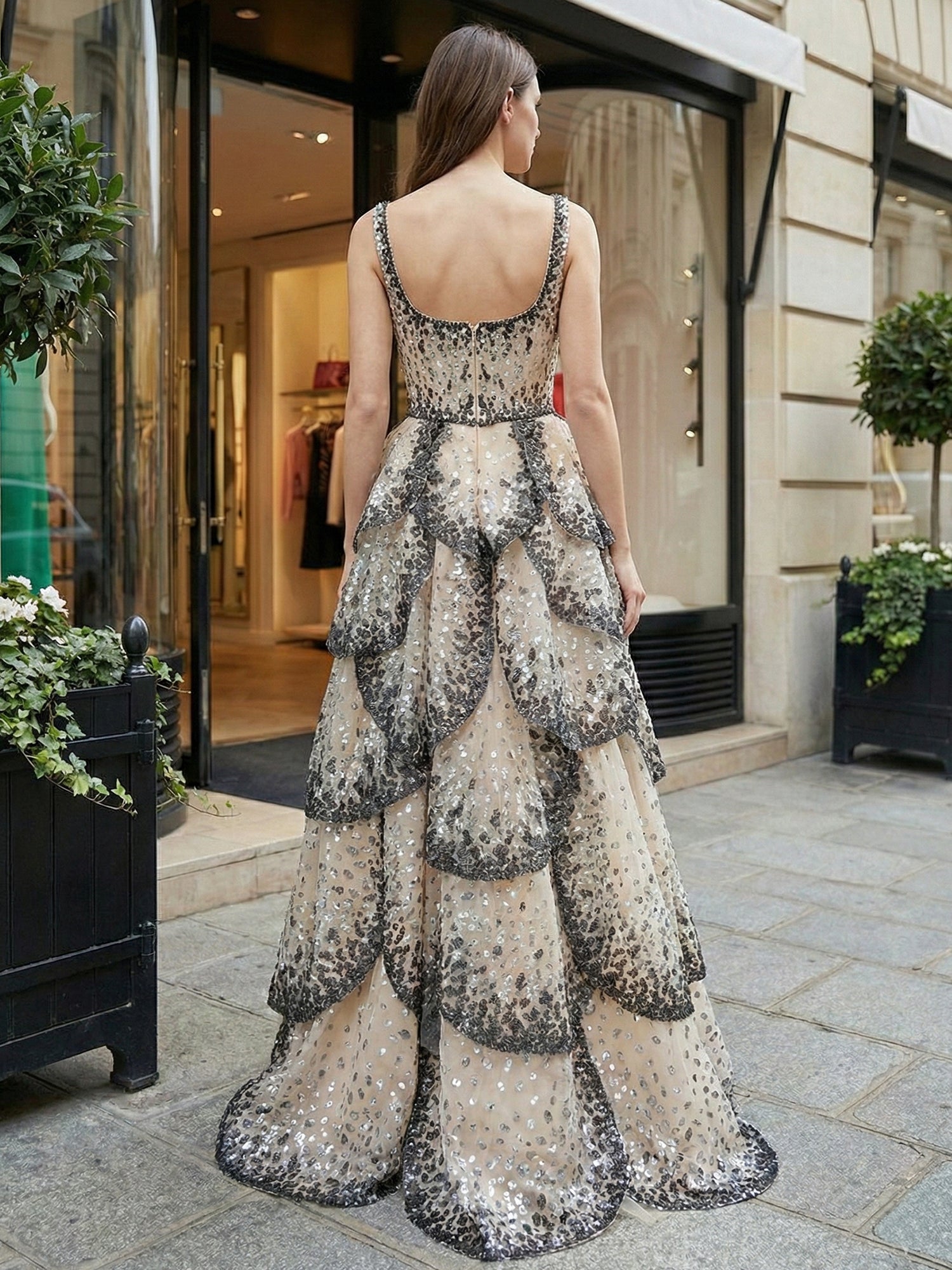 Glamorous Champagne Leopard Sequin Tiered Long Prom Dress