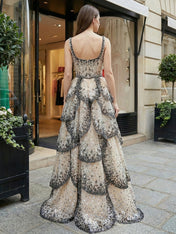 Glamorous Champagne Leopard Sequin Tiered Long Prom Dress