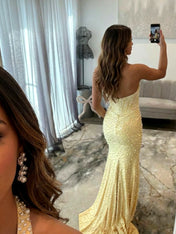 Glamorous Champagne Pearl Beaded Corset Prom Dress with Slit