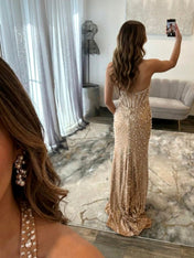 Glamorous Champagne Pearl Beaded Corset Prom Dress with Slit