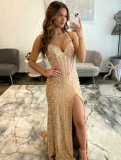 Glamorous Champagne Pearl Beaded Corset Prom Dress with Slit