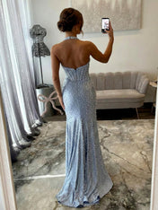 Glamorous Champagne Pearl Beaded Corset Prom Dress with Slit