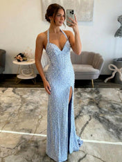Glamorous Champagne Pearl Beaded Corset Prom Dress with Slit