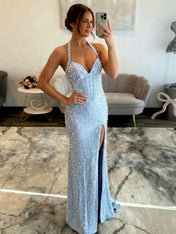 Glamorous Champagne Pearl Beaded Corset Prom Dress with Slit