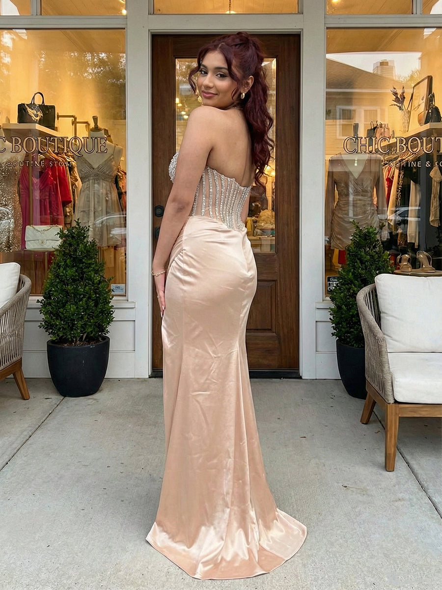 Glamorous Champagne Strapless Beaded Corset Satin Prom Dress with Slit