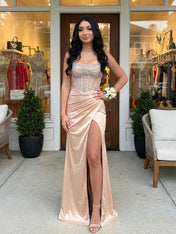 Glamorous Champagne Strapless Beaded Corset Satin Prom Dress with Slit