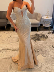 Glamorous Champagne Strapless Starburst Beaded Mermaid Prom Dress