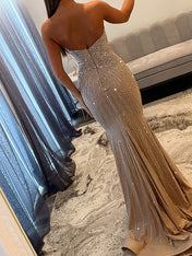 Glamorous Champagne Strapless Starburst Beaded Mermaid Prom Dress