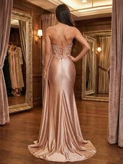 Glamorous Dusty Rose Beaded Sheer Corset Prom Dress with High Slit
