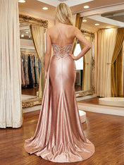 Glamorous Dusty Rose Beaded Sheer Corset Prom Dress with High Slit