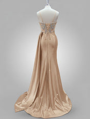 Glamorous Dusty Rose Beaded Sheer Corset Prom Dress with High Slit