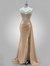 Glamorous Dusty Rose Beaded Sheer Corset Prom Dress with High Slit