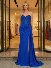 Glamorous Emerald Green Strapless Lace Corset Long Prom Dress with Slit