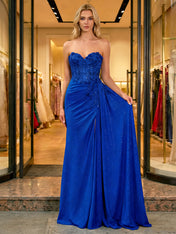 Glamorous Emerald Green Strapless Lace Corset Long Prom Dress with Slit