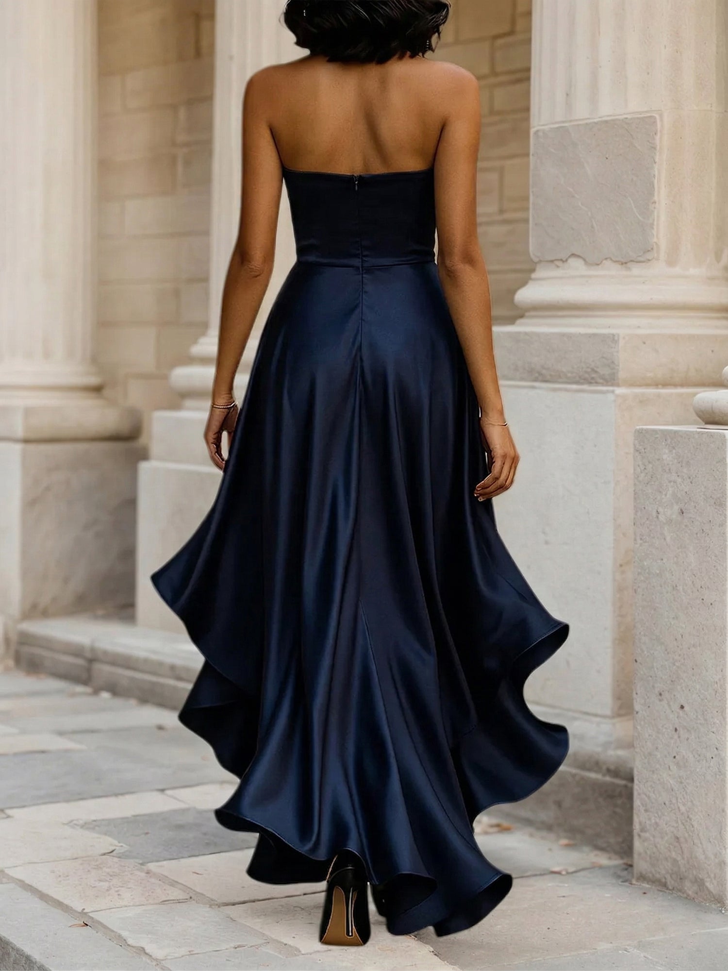Glamorous Formal Dress Midnight Navy Strapless Satin Gown Midi Dress