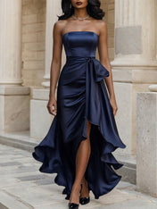 Glamorous Formal Dress Midnight Navy Strapless Satin Gown Midi Dress