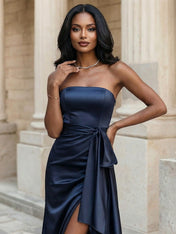 Glamorous Formal Dress Midnight Navy Strapless Satin Gown Midi Dress