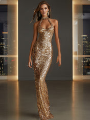 Glamorous Gold Sequin Halter Neck Mermaid Long Prom Dress