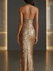 Glamorous Gold Sequin Halter Neck Mermaid Long Prom Dress