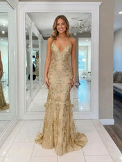 Glamorous Gold Sequin Lace Open Back Mermaid Prom Dress