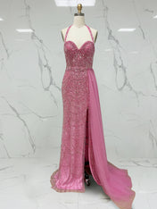 Glamorous Hot Pink Beaded Halter Prom Dress with High Slit