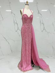 Glamorous Hot Pink Beaded Halter Prom Dress with High Slit