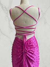 Glamorous Hot Pink Pearl-Embellished Long Prom Dress with Slit