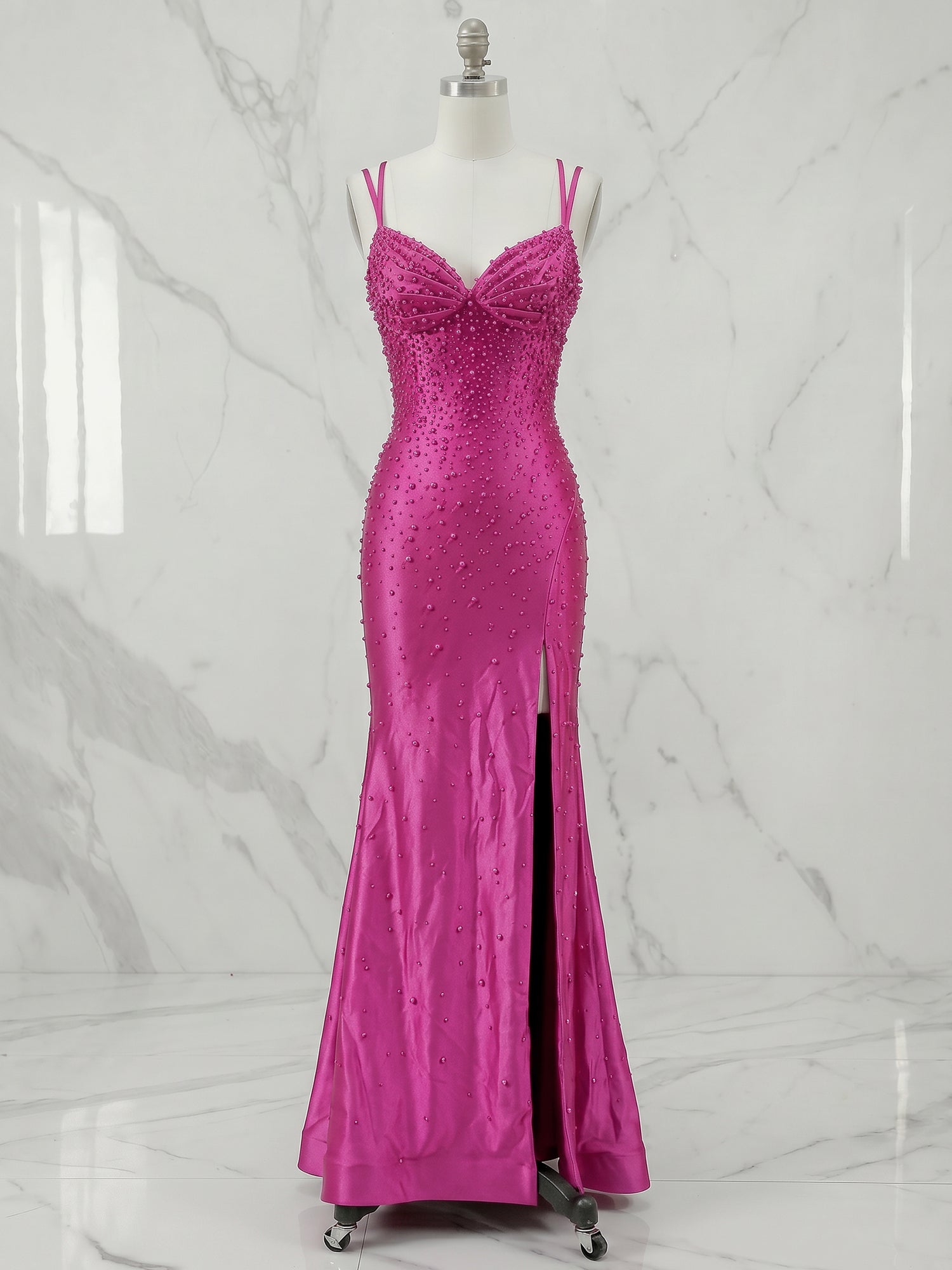 Glamorous Hot Pink Pearl-Embellished Long Prom Dress with Slit