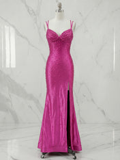 Glamorous Hot Pink Pearl-Embellished Long Prom Dress with Slit