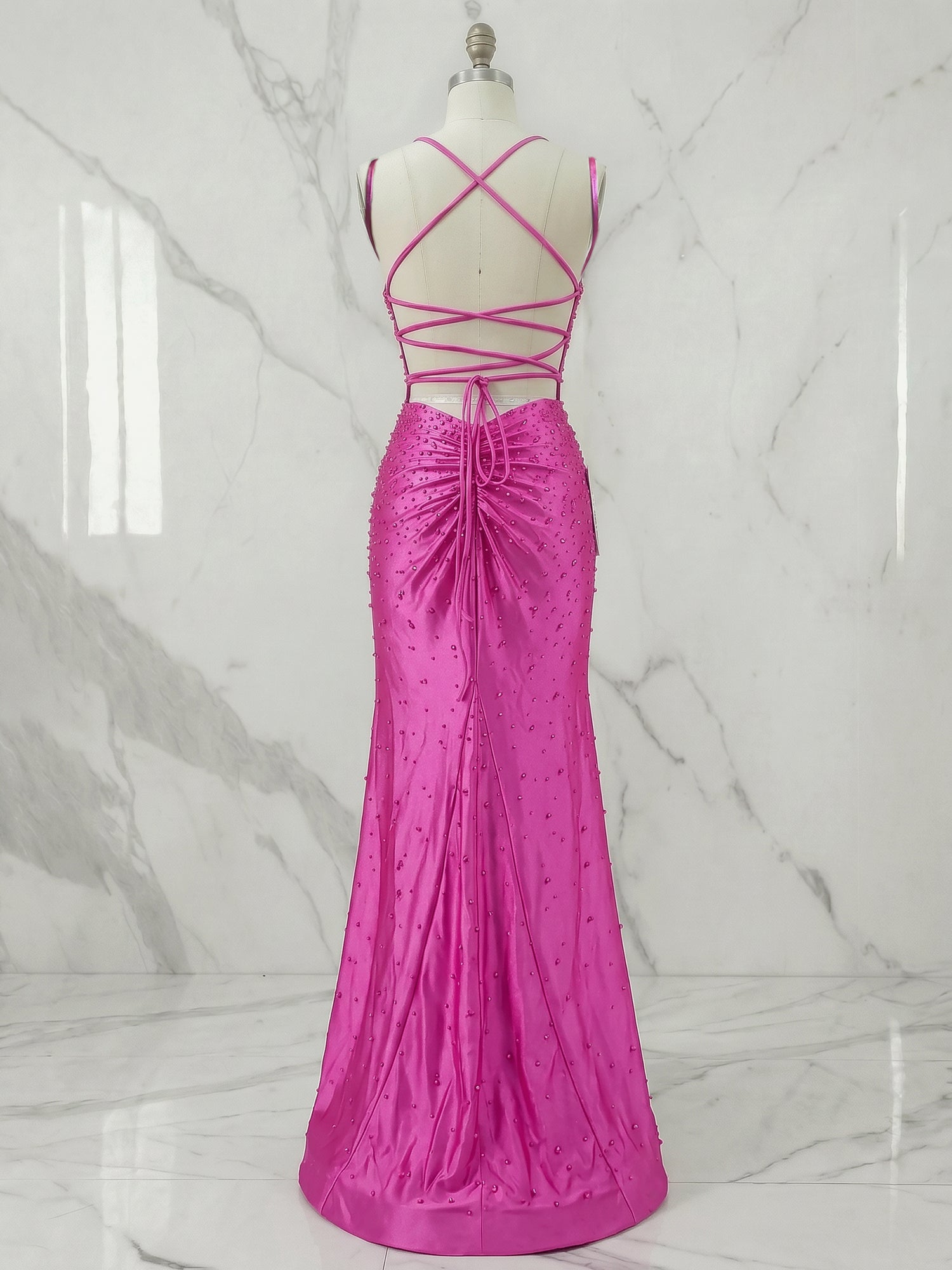 Glamorous Hot Pink Pearl-Embellished Long Prom Dress with Slit