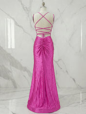 Glamorous Hot Pink Pearl-Embellished Long Prom Dress with Slit