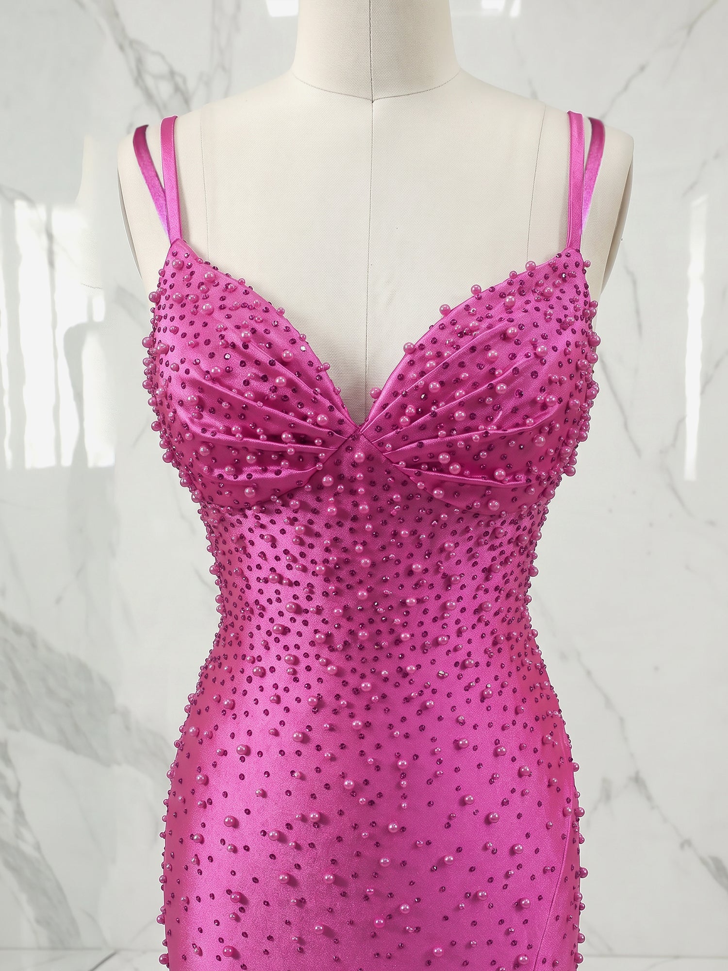 Glamorous Hot Pink Pearl-Embellished Long Prom Dress with Slit