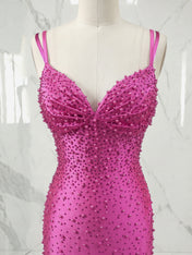 Glamorous Hot Pink Pearl-Embellished Long Prom Dress with Slit