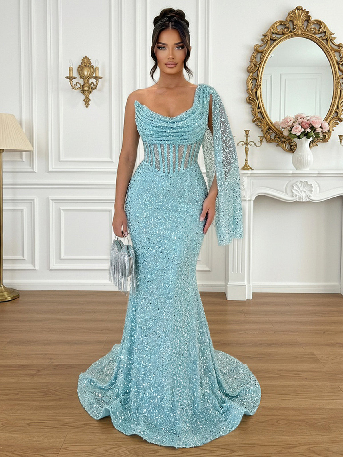Glamorous Ice Blue One-Shoulder Sequin Corset Mermaid Prom Dresses