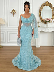 Glamorous Ice Blue One-Shoulder Sequin Corset Mermaid Prom Dresses