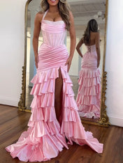 Glamorous Lavender Satin Corset Mermaid Prom Dress with Tiered Ruffles