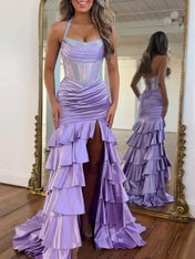 Glamorous Lavender Satin Corset Mermaid Prom Dress with Tiered Ruffles